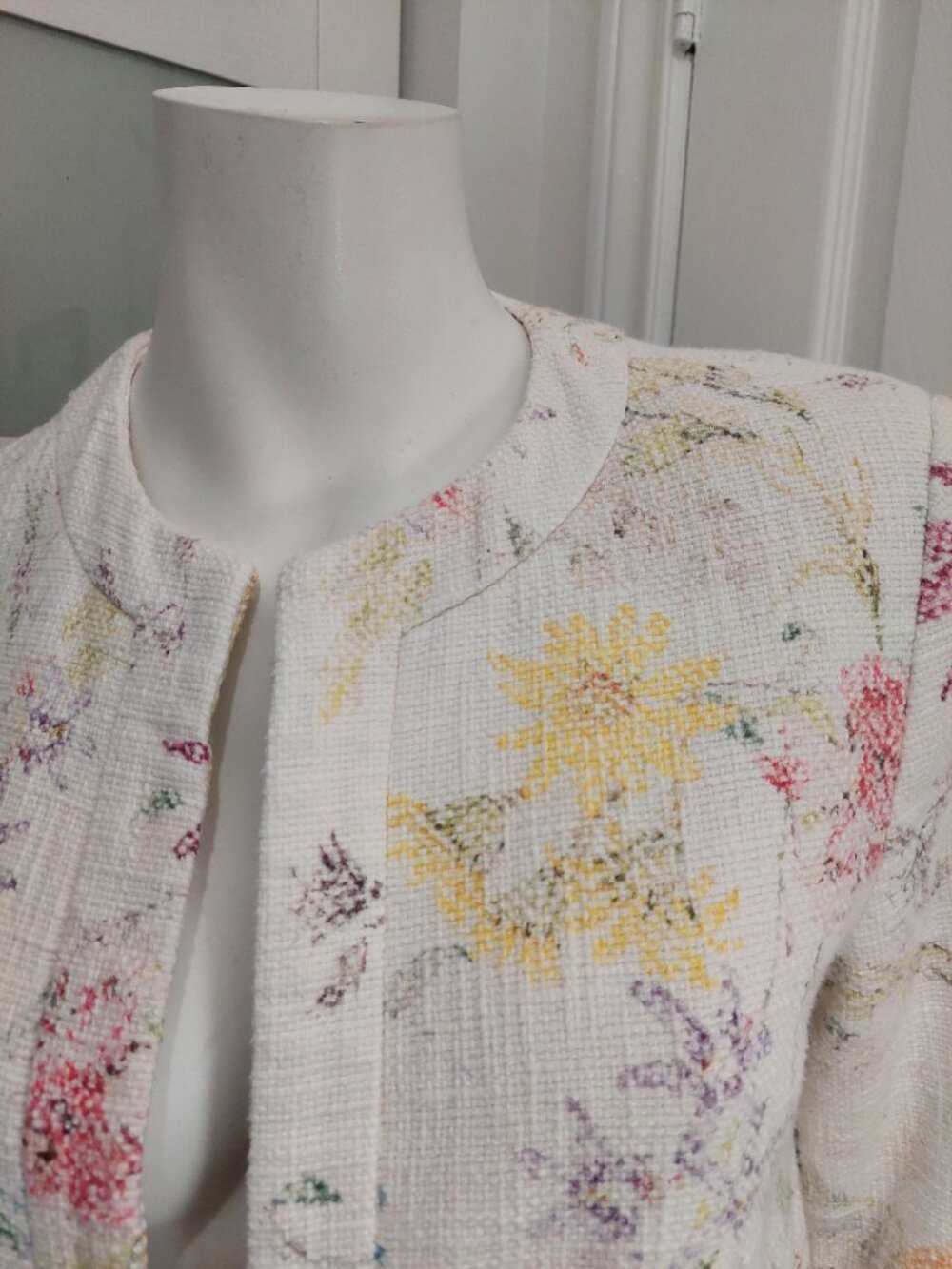Zara Basic Multicolor Floral Textured Tweed Longline Open Coat M - Picture 4 of 8